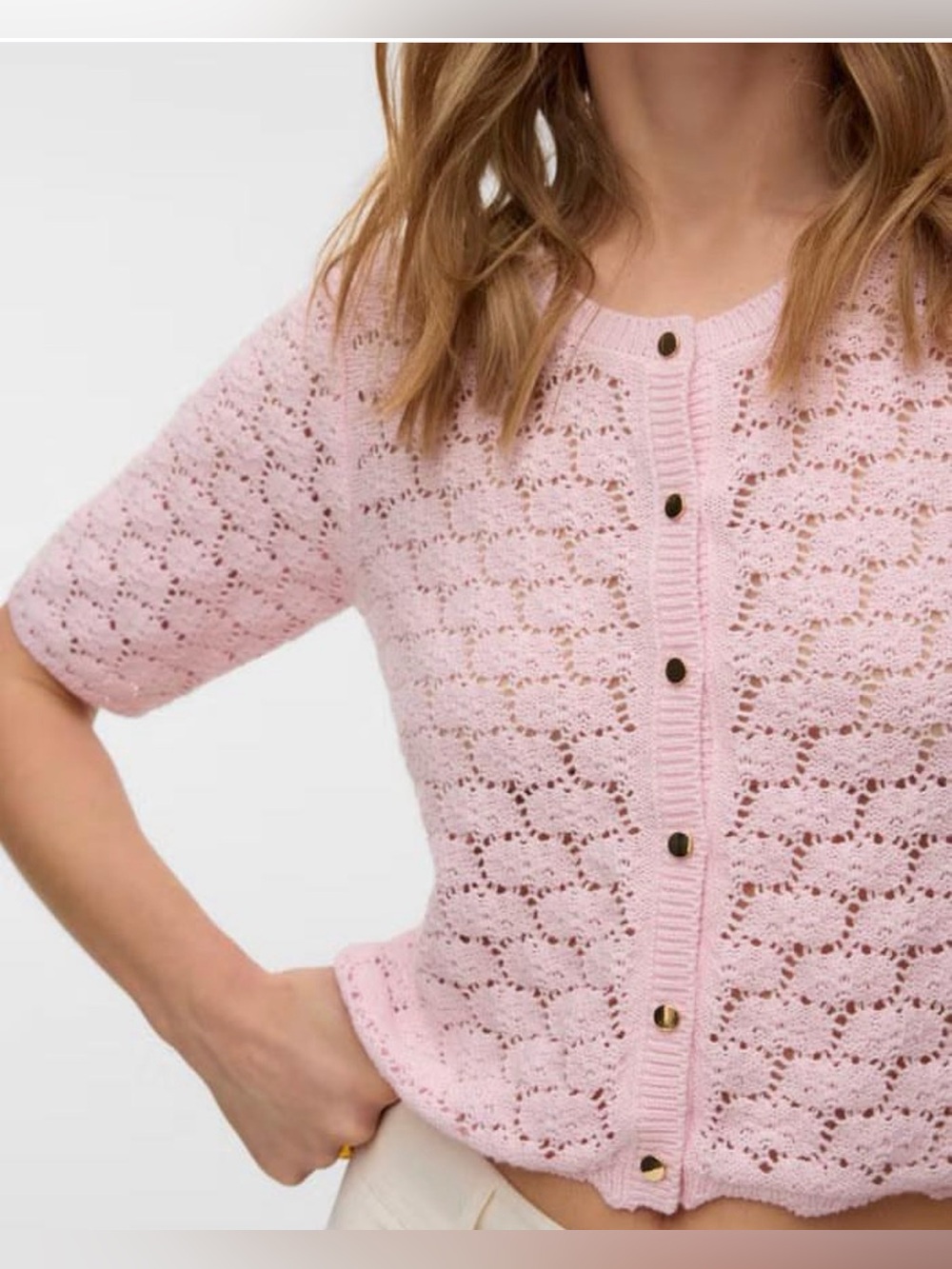 🆕 🩷 VERO MODA 'VMKora' Crochet 2/4 O- Neck Button Pink- a- Boo Cardigan🩷 - Picture 3 of 8